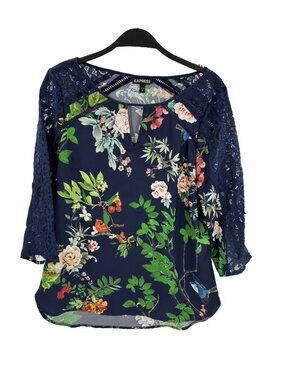 Express Womens Floral Bird Blouse Lace Sleeve Navy Boho Top Small